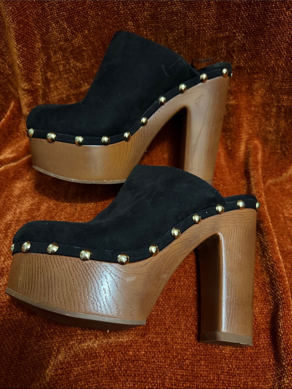 Forever 21 | Black Suede Platform Clogs with Wood-Effect Heel | 37 (fits bigger)